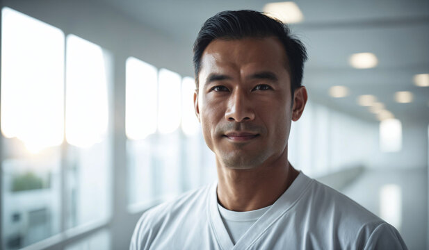 Confident Mid-Age Malaysian Male Doctor or Nurse in Clinic Outfit Standing in Modern White Hospital, Looking at Camera - Professional Medical Portrait, Copy Space, Design Template, Healthcare Concept