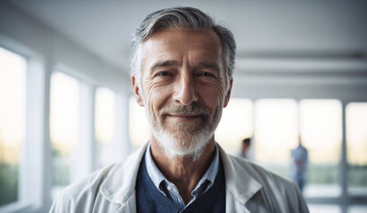 Confident Old Canadian Male Doctor or Nurse in Clinic Outfit Standing in Modern White Hospital, Looking at Camera - Professional Medical Portrait, Copy Space, Design Template, Healthcare Concept