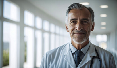 Confident Old Argentinian Male Doctor or Nurse in Clinic Outfit Standing in Modern White Hospital, Looking at Camera - Professional Medical Portrait, Copy Space, Design Template, Healthcare Concept - obrazy, fototapety, plakaty