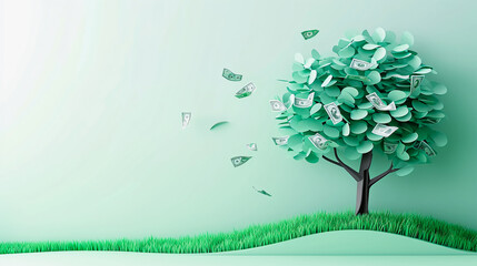 Money Blossoms: Illustration of an Isolated Tree Formed by Leaves Crafted from Currency, Symbolizing Financial Growth and Abundance