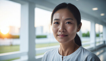 Confident Mid-Age Thai Female Doctor or Nurse in Clinic Outfit Standing in Modern White Hospital, Looking at Camera, Professional Medical Portrait, Copy Space, Design Template, Healthcare Concept