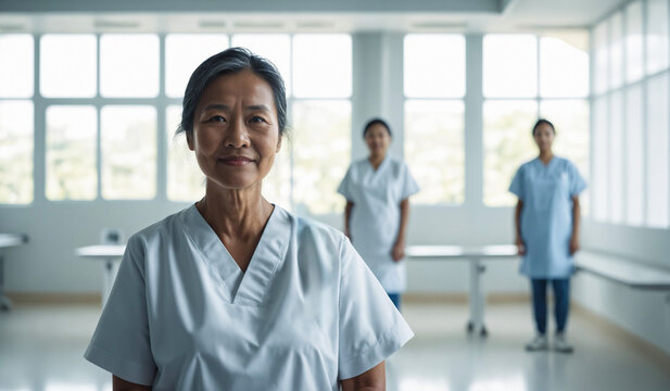 Confident Old Filipino Female Doctor or Nurse in Clinic Outfit Standing in Modern White Hospital, Looking at Camera, Professional Medical Portrait, Copy Space, Design Template, Healthcare Concept