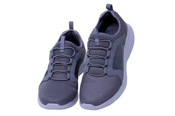Closeup of a pair of modern silver gray sneakers or sports shoes isolated on a white background. Clipping path. Elegant and trendy mans shoes. Macro.