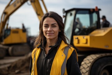 Female construction worker in high visibility jacket standing in front of excavator on construction site