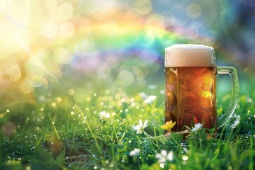 Glass of beer on a green meadow with rainbow. Saint Patrick's Day holiday. Design for invitation, greeting card, banner, poster with copy space. Symbol of luck. Magic, fairytale, fantasy style