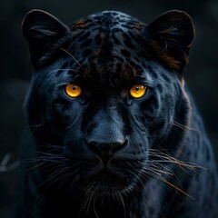 Intense black panther with fiery orange eyes staring forward. close-up portrait in dark tone. wildlife and mystery style image. generative AI