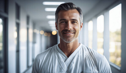 Confident Mid-Age American Male Doctor or Nurse in Clinic Outfit Standing in Modern White Hospital, Looking at Camera, Professional Medical Portrait, Copy Space, Design Template, Healthcare Concept - obrazy, fototapety, plakaty