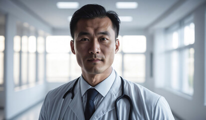 Confident Mid-Age Chinese Male Doctor or Nurse in Clinic Outfit Standing in Modern White Hospital, Looking at Camera, Professional Medical Portrait, Copy Space, Design Template, Healthcare Concept