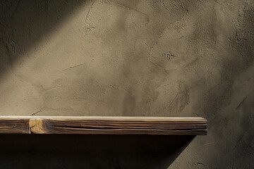 Empty table on khaki green texture wall background. Composition with shadows on the wall and light...