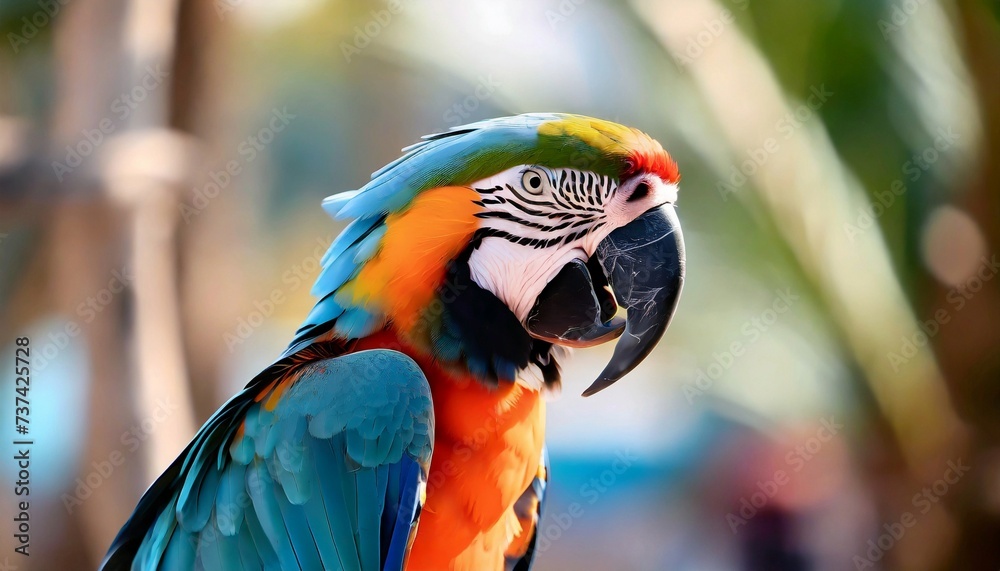 Wall mural Portrait of colorful parrot on blurred background. Wild bird.