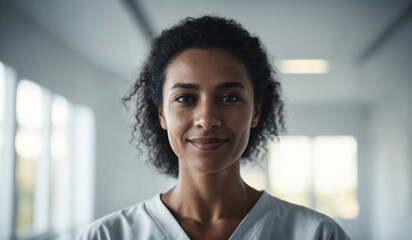 Confident Mid-Age Brazilian Female Doctor or Nurse in Clinic Outfit Standing in Modern White Hospital, Looking at Camera, Professional Medical Portrait, Copy Space, Design Template, Healthcare Concept