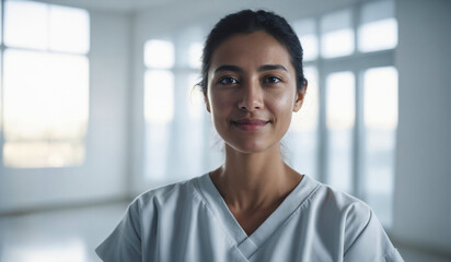 Confident Mid-Age Mexican Female Doctor or Nurse in Clinic Outfit Standing in Modern White Hospital, Looking at Camera, Professional Medical Portrait, Copy Space, Design Template, Healthcare Concept