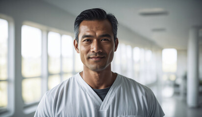 Confident Mid-Age Indonesian Male Doctor or Nurse in Clinic Outfit Standing in Modern White Hospital, Looking at Camera, Professional Medical Portrait, Copy Space, Design Template, Healthcare Concept - obrazy, fototapety, plakaty