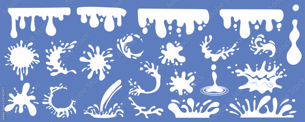 Aufkleber milk stain mega set in cartoon graphic design. bundle elements of splashing white borders with drops