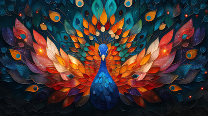 Obraz premium Abstract representation of a peacock with colorful feather,generative ai
