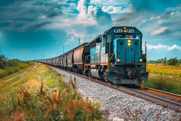 train with a blue color and a locomotive shape and a freight overlay on the front - obrazy, fototapety, plakaty