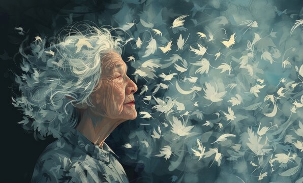 a 60-year-old woman immersed in dementia's mystery. Banner, illustration for World Mental Health Day