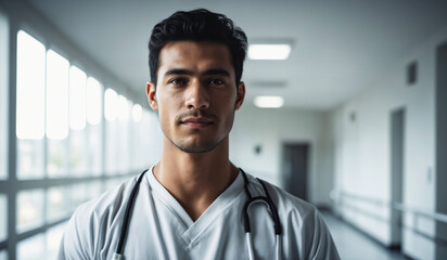 Confident Young Mexican Male Doctor or Nurse in Clinic Outfit Standing in Modern White Hospital, Looking at Camera, Professional Medical Portrait, Copy Space, Design Template, Healthcare Concept