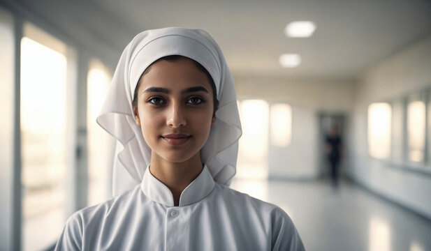 Confident Young Saudi-Arabian Female Doctor or Nurse in Clinic Outfit Standing in Modern White Hospital, Looking at Camera, Professional Medical Portrait, Copy Space, Design Template, Healthcare Photo