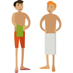 Two men wearing towel after taking shower vector icon isolated on white