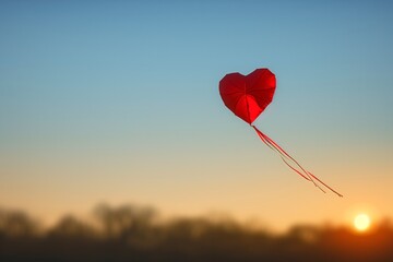 Fototapeta premium A red heart-shaped kite flying high, set against a blurred background of a clear, blue daytime sky.