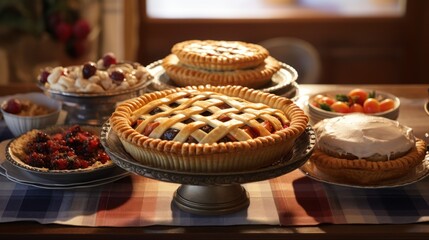 A table with various pies and desserts, including a cherry pie, lattice-topped pie, and a cake.