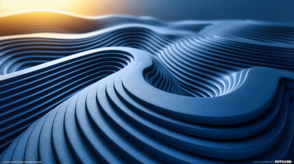 Dynamic abstract design, featuring waves and geometric patterns in shades of blue and black, embodying motion and technology