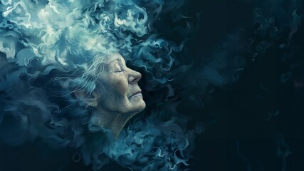 Fototapeta na wymiar a 60-year-old woman enveloped in the enigmatic realm of dementia.illustration for World Mental Health Day