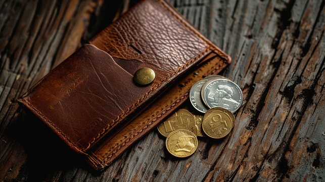 Leather Wallet Riches: Illustration of a Leather Wallet on a Wooden Background, Overflowing with Bills and Coins, Exuding Financial Opulence
