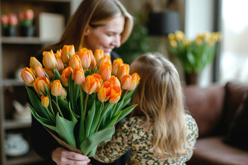 Mother and daughter sharing a moment with orange tulips Generative AI image