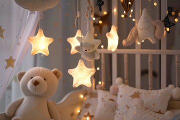 Cosy mobile with soft toy stars and animal figures in a warm, glowing light that creates a magical and soothing nursery atmosphere. Cosy evening, fairytale before sleep. Child care - obrazy, fototapety, plakaty