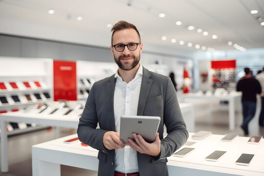 Seller Man With Digital Tablet Stand On A Electronic Device Store