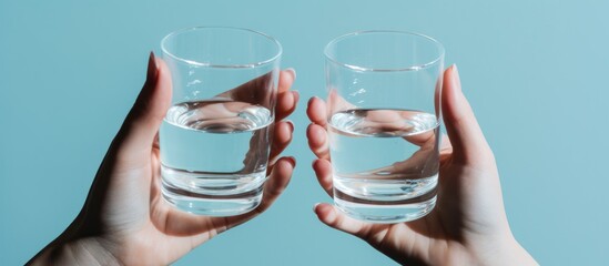 Female hands with glasses of water on light blue background.
