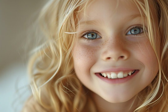 Close-up portrait of a joyful young girl with a bright smile Generative AI image