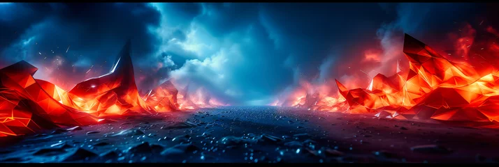 Poster Dramatic Fire and Water Clash, Natural Disaster Concept, Bright Flames Against Dark Ocean Background © Jahid