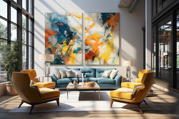 Picture the cheerful atmosphere of a space adorned with blue and yellow chairs, creating an understated elegance against a blank canvas.