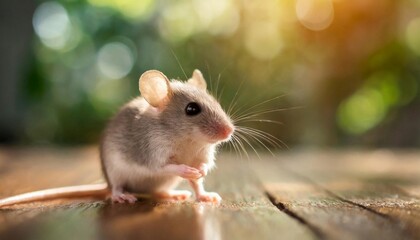 Tiny mouse on wooden floor. Small rodent. Soft focus and bokeh background.