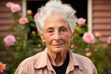 Retrato de una anciana con mirada serena, pelo corto canoso y arrugas. De fondo su casa y flores color rosa