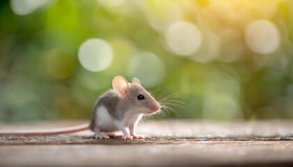 Tiny mouse on wooden floor. Small rodent. Soft focus and bokeh background.