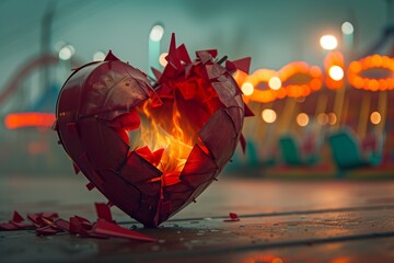 A shattered red heart with fire smoldering from its fragments, set against a blurred background of an abandoned amusement park.