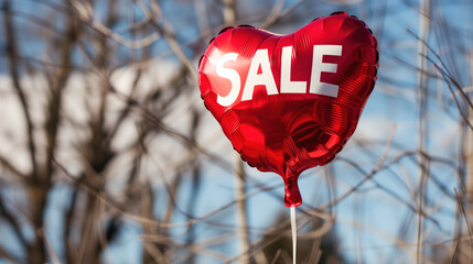 Red Heart-Shaped Balloon with "SALE" Text for Seasonal Promotions Against a Clear Sky.
