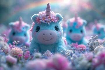 Enchanting plush unicorns amidst a vibrant floral backdrop Generative AI image