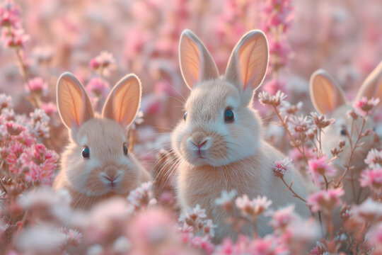 Two rabbits nestled among pink flowers Generative AI image