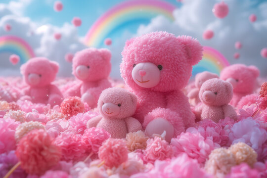 Whimsical teddy bears in a dreamy pink floral setting Generative AI image