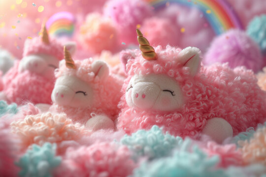 Plush unicorn toys nestled in pastel clouds Generative AI image