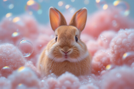 Charming bunny surrounded by soft clouds and bubbles Generative AI image