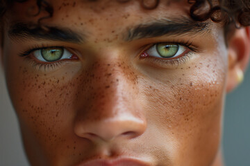 Close-up portrait of a young man with striking green eyes Generative AI image