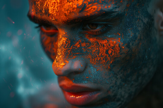 Mystical man with vibrant face paint in ethereal light Generative AI image