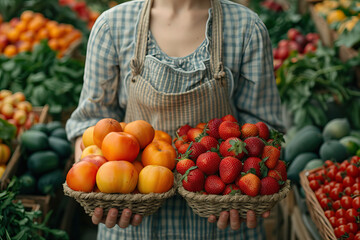 Fresh produce in baskets at a local farmer's market Generative AI image