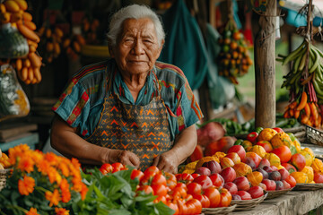 Elderly vendor selling fresh produce at a local market Generative AI image